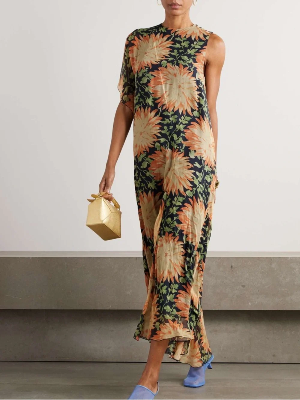 LOEWE Long Floral Print One-Sleeve Chiffon Silk Maxi Dress - Picture 2 of 16
